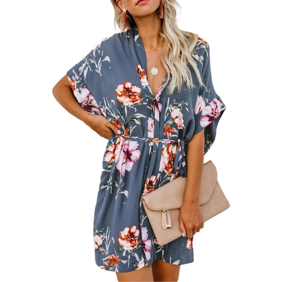 Dresses & Skirts - 5⭐️ Floral Kimono Dress Blue Tie Front